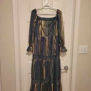 Dark green and gold long sleeve square neck dress